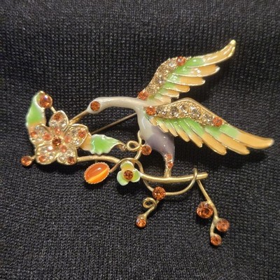 Hummingbird Brooch Pin Rhinestone & Enamel Shiny Soft Orange & Clear Stones
