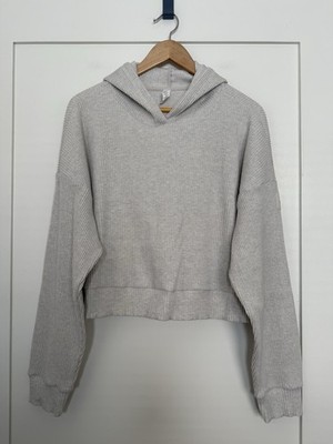 ALO Yoga Muse Cropped Hoodie Womens Sz L Gray Ribbed Long Sleeve