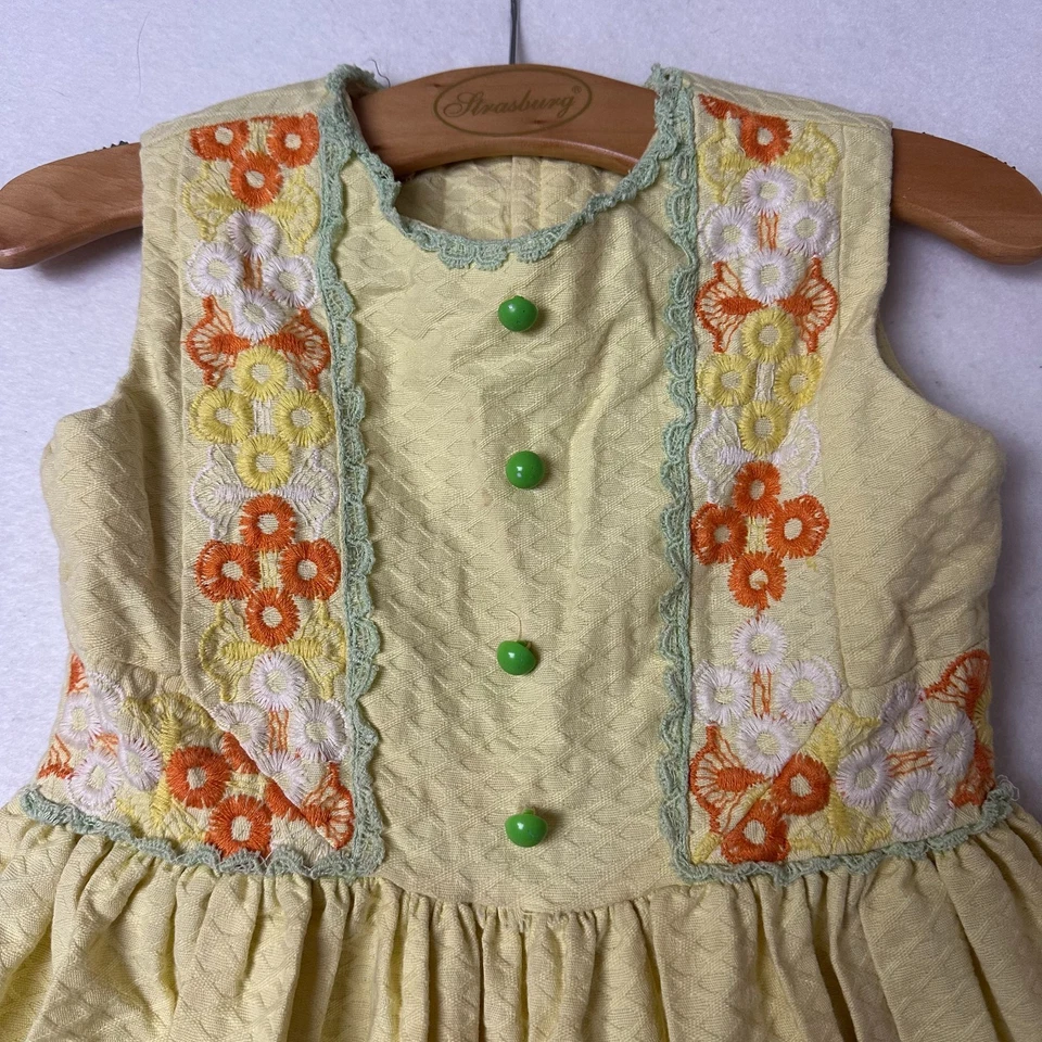 Años 70 Vintage Carol Evans JC Penny Ress Talla 6T Amarillo Floral Verde Botones Foto 2 de 4