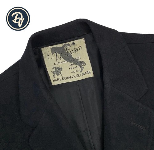 Hart Schaffner Marx, 1950's 40 R Hart Schaffner Marx " Vialura " Black Velour & Wool Blend Overcoat
