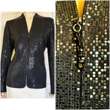 Excellent St John Black Santana Knit Jacket Covered in Paillettes sz 12 Gorgeous
