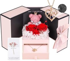 Preserved Red Rose With Bear Gift For Mom From Daughter Son Christmas Mothers