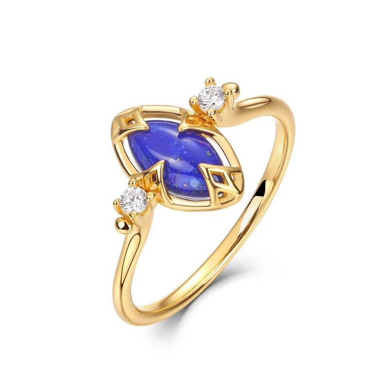 Anel de pedra preciosa lápis-lazúli azul feito à mão prata 925 folheado a ouro amarelo 18K - Imagem 4 de 4