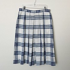 Vintage 60s Size Large L White  Blue Plaid Print Pleated Midi Skirt