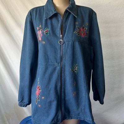 Vintage 80s Passion I Embroidered Denim Jacket Flowers Butterflies Oversize Sz S
