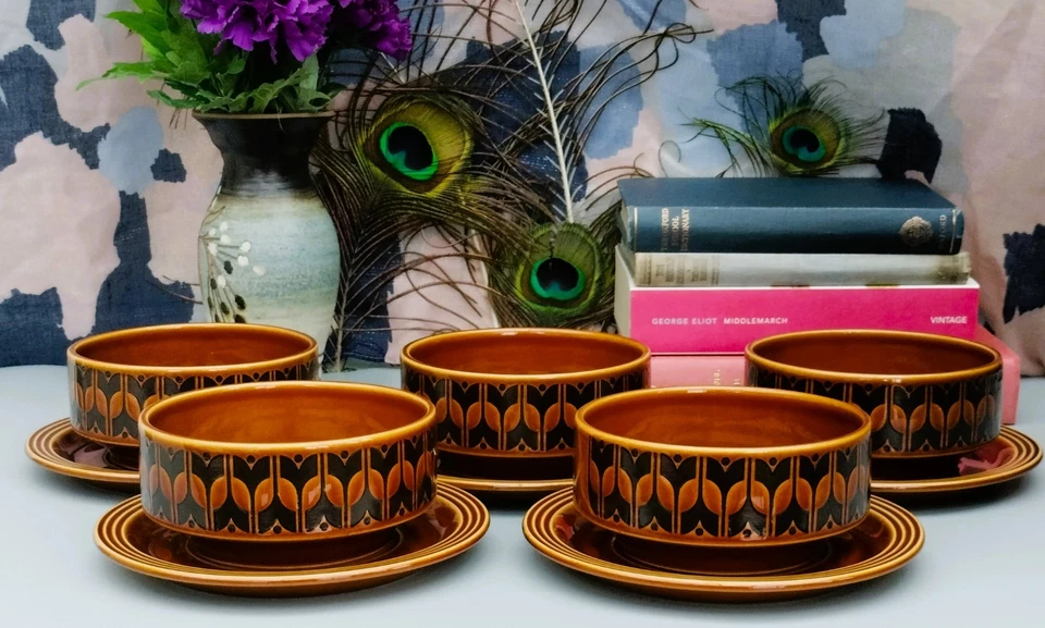 Vintage 1976 Hornsea Heirloom Autumn Brown Soup Bowls & Saucers - Set of 5 - Image 2 of 4
