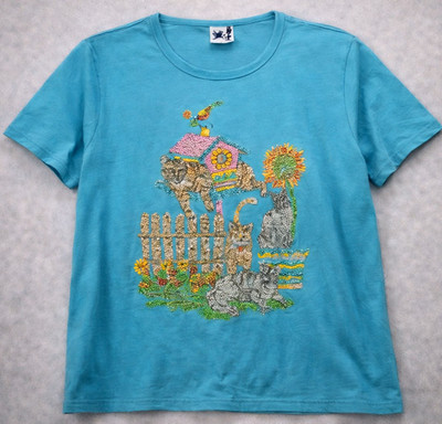 Vintage Cat Birdhouse Graphic T Shirt Womens 2XL Blue Puff Print Cottagecore