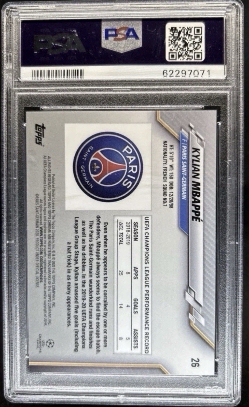 2019-20 Topps Chrome Sapphire Edition - Kylian Mbappe #26 PSA 9 view 2