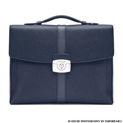 S.T. Dupont Line D 181271 Blue Grained Leather Briefcase Single Gusset 0111