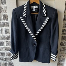 Christian Dior Vintage Black White Striped Shoulder Pads 80s Blazer Jacket 2