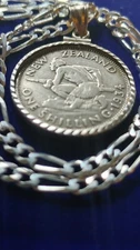 Maori Warrior  1934 New Zealand Silver Shilling Pendant 18" .925 Sterling Chain