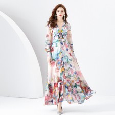 Chiffon Deep V-neck Lantern Sleeves Colored Floral Print Women Beach Long Dress