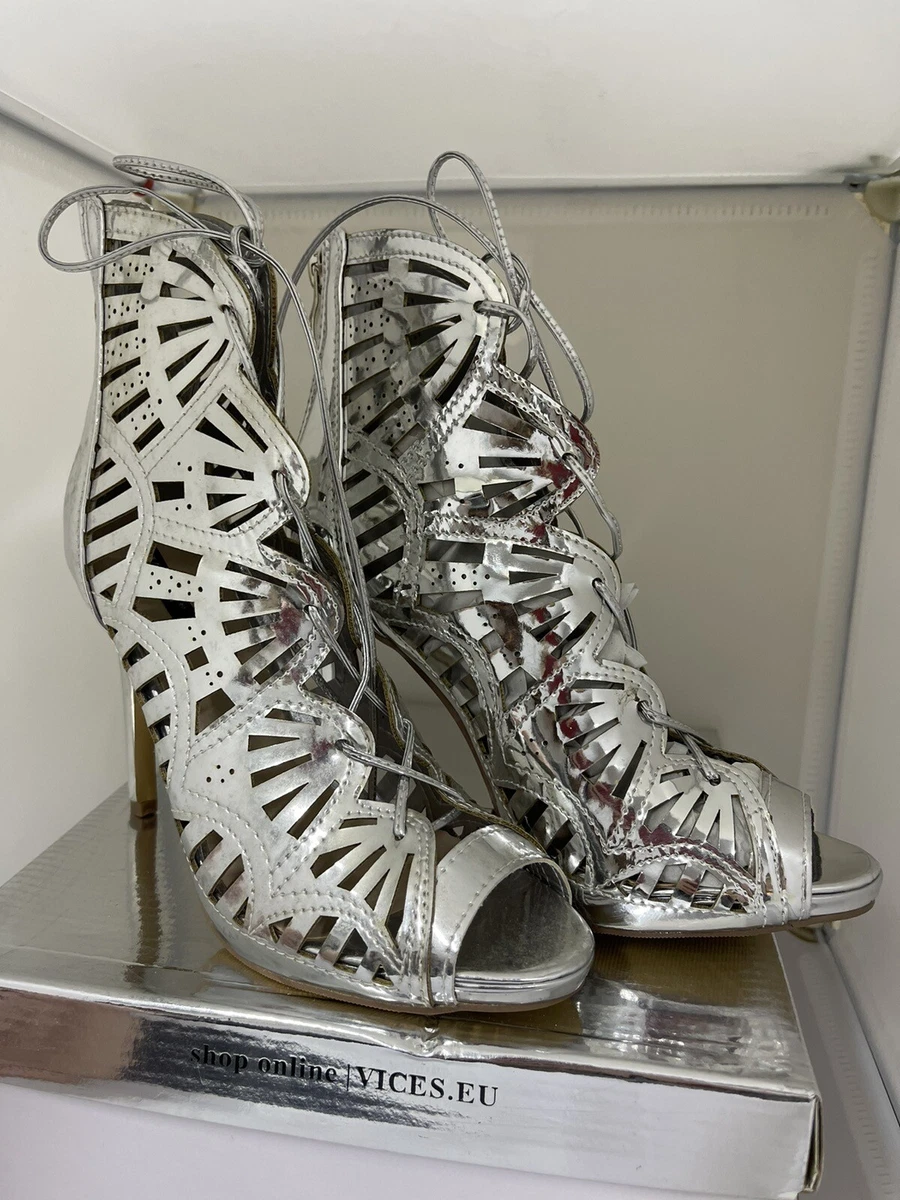 Vices.eu Stunning Silver Shiny High Heels Size 4 EU 37 New