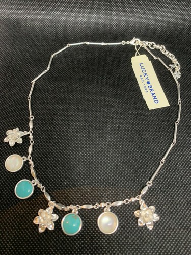 LUCKY BRAND M.O.P., Turquoise & Flower Charms Silver-Tone Necklace NWT $39 L@@K - Picture 2 of 12