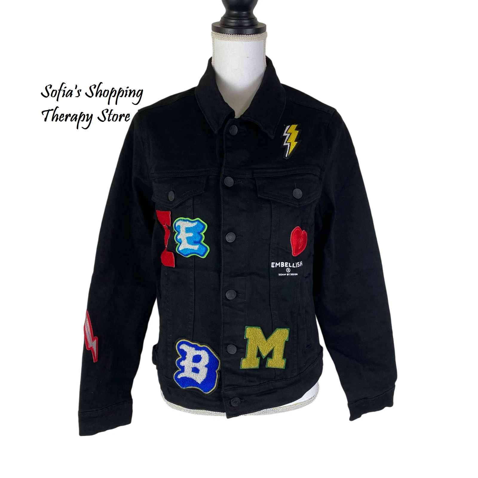 Embellish Devin Denim Jacket Mens SMALL - Womens MEDIUM Embroidered Patches