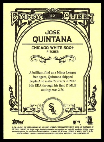 Tarjeta Topps Gypsy Queen Jose Quintana 2013 automática Chicago White Sox #42 firmada certificado de autenticidad - Imagen 2 de 2