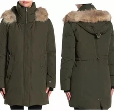 NEW $495 Soia & Kyo Genuine Coyote Fur Trim Hooded Coat Green Size Medium