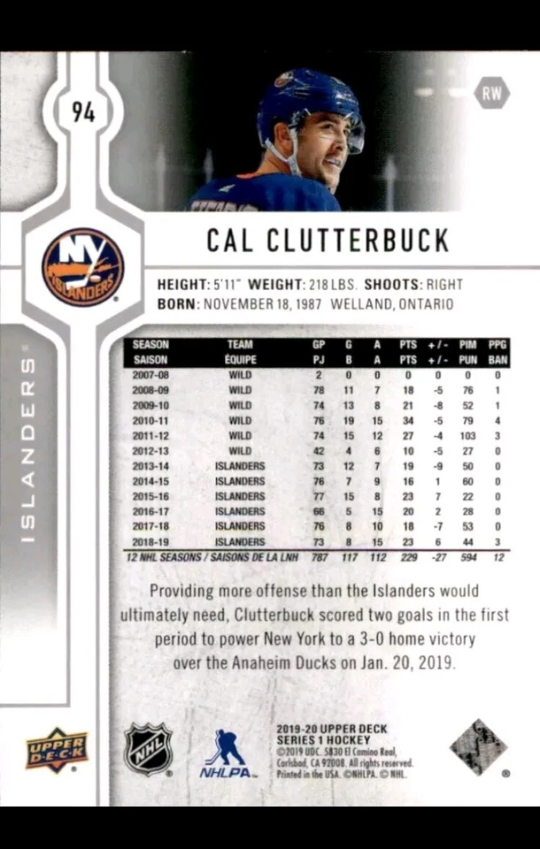2019-20 Upper Deck - #94 Cal Clutterbuck - Image 2 of 2