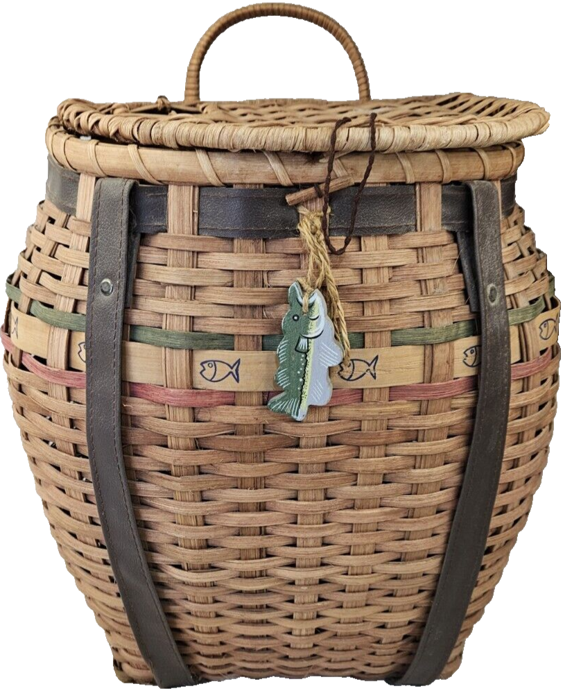 Large WOOD Wicker Bark Creel Basket Fly Fisherman Trout Fishing Home Decor