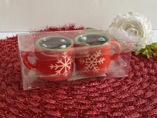 NEW Sleigh Bell Bistro Hot Cocoa Mugs Salt & Pepper Shakers Red White Snowflakes