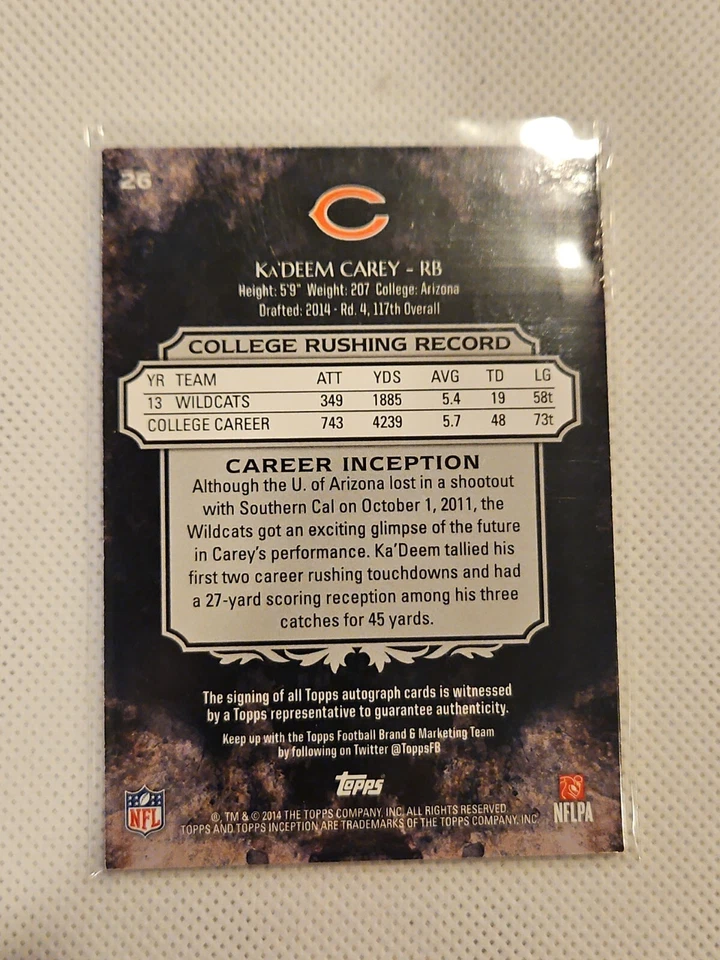 2014 Topps Inception Green #26R Ka'Deem Carey Auto /99 - Image 2 of 2