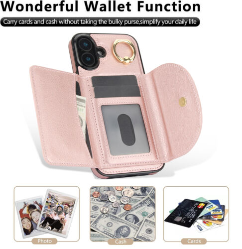 For iPhone 15 16 Pro Max 14 13 Shockproof Leather Wallet Card Ring Holder Case - Picture 4 of 61