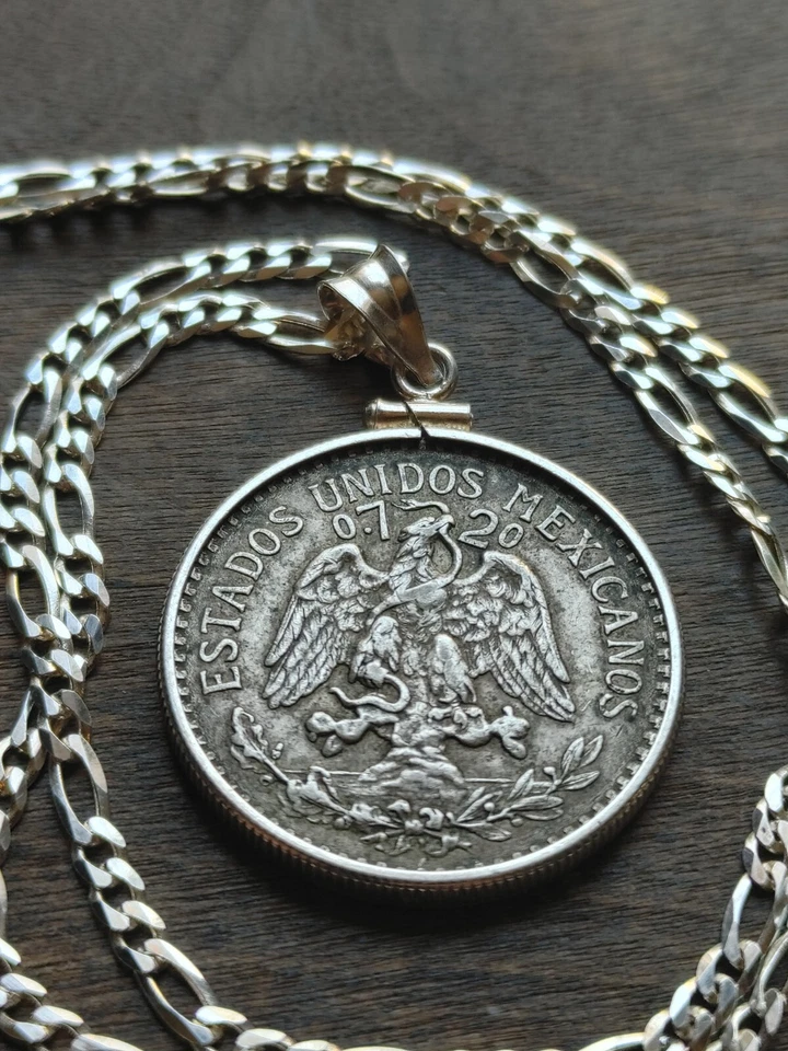 1937 Silver Mexico Cincuenta Centavos coin Pendant Sterling Bezel & 18" chain - Image 2 of 4