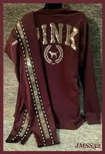 Victoria's Secret Pink Bling Campus Tee Shirt  Track Pants Set Luscious Plum M