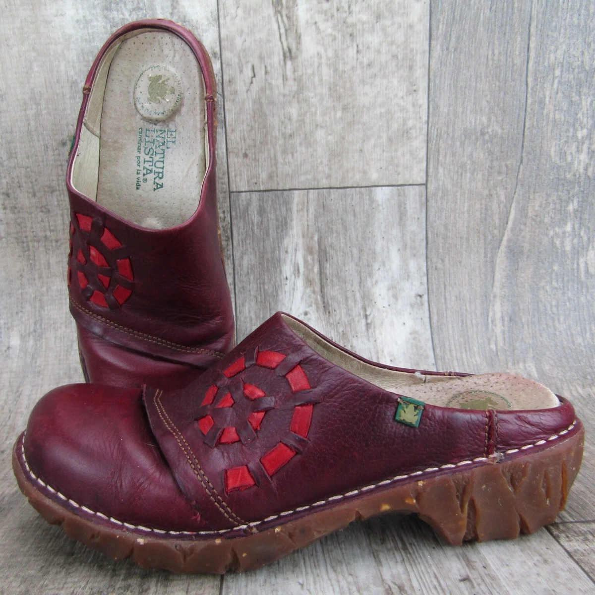 El Naturalista Clogs Red Mule Shoes Sz 8 / 38 Chunky Heel Leather