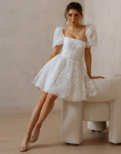 Mini Wedding Dresses,Puffy Sleeves short bridal dress,custom white wedding dress