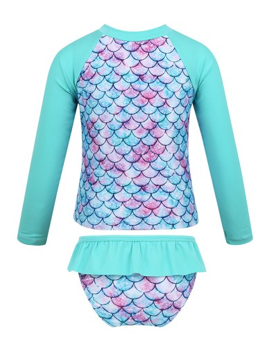 Kids Girls Two-piece Long Sleeves Swimsuit Palm Printed Zippered Bathing Suits - Picture 31 of 85