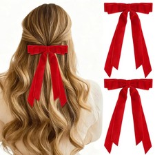 2PCS Velvet Hair Bows Double Layer Christmas Red Ribbon Hair Clips Slides Met...