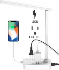 LED Desk Lamp, Desk Light with 1 USB Charging Port and 2 AC Power Outlet, 3