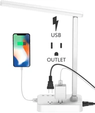 LED Desk Lamp, Desk Light with 1 USB Charging Port and 2 AC Power Outlet, 3