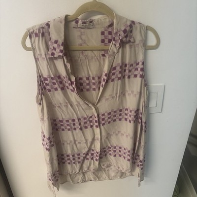 Equipment Silk 100% Size L Off White And Purple, Long Sleeveless Collared Shirt