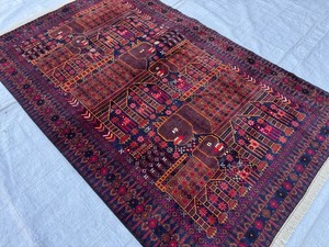 Hand Knotted Afghan Baluchi Pictorial Rug 4x7 ft Blue Vintage Animal Lion Carpet