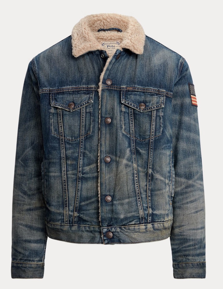 NWT Polo Ralph Lauren Sherpa Fleece Lined FLAG PATCH Denim Trucker