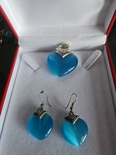 Silver Blue Cat Eye Heart Shape Earrings & Pendant 2pc  Set NWOT 