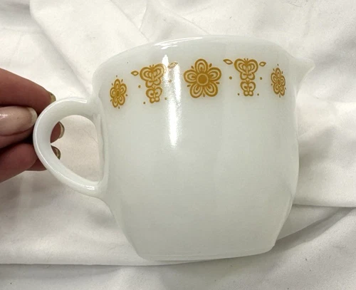 Pyrex Butterfly Gold Patterned Creamer Milk Glass 1970s 1980s Vintage 2.75x3.25