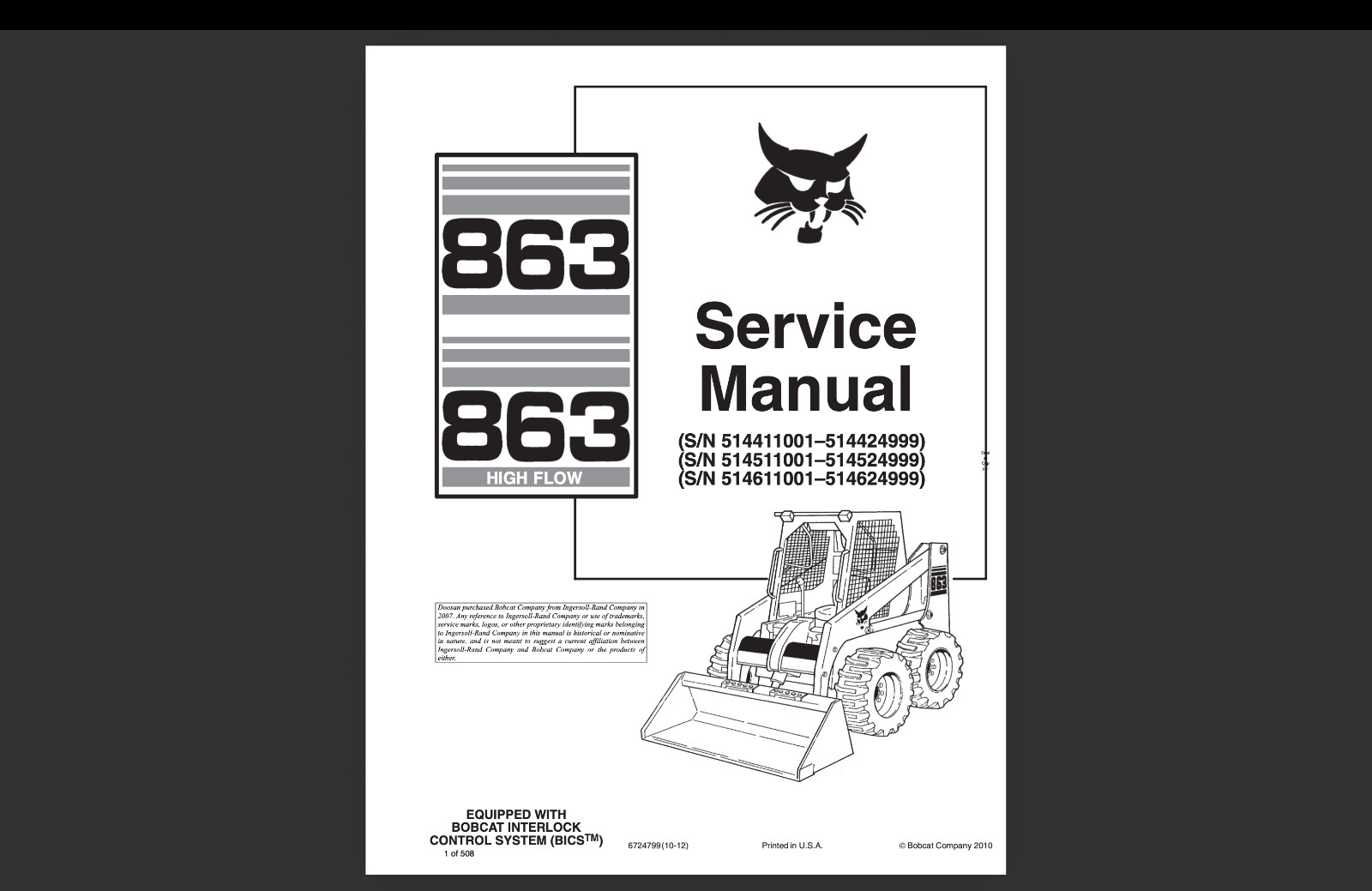 Bobcat 863 S/N 514411001 Service Repair Manual, Workshop Manual