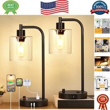 Fully Dimmable Industrial Bedside Table Lamps with Fast USB Charging - Set of 2