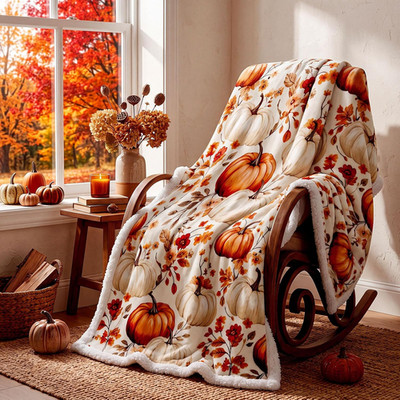 Fall Pumpkin Leaves Throw Blanket Flannel 50''X60''