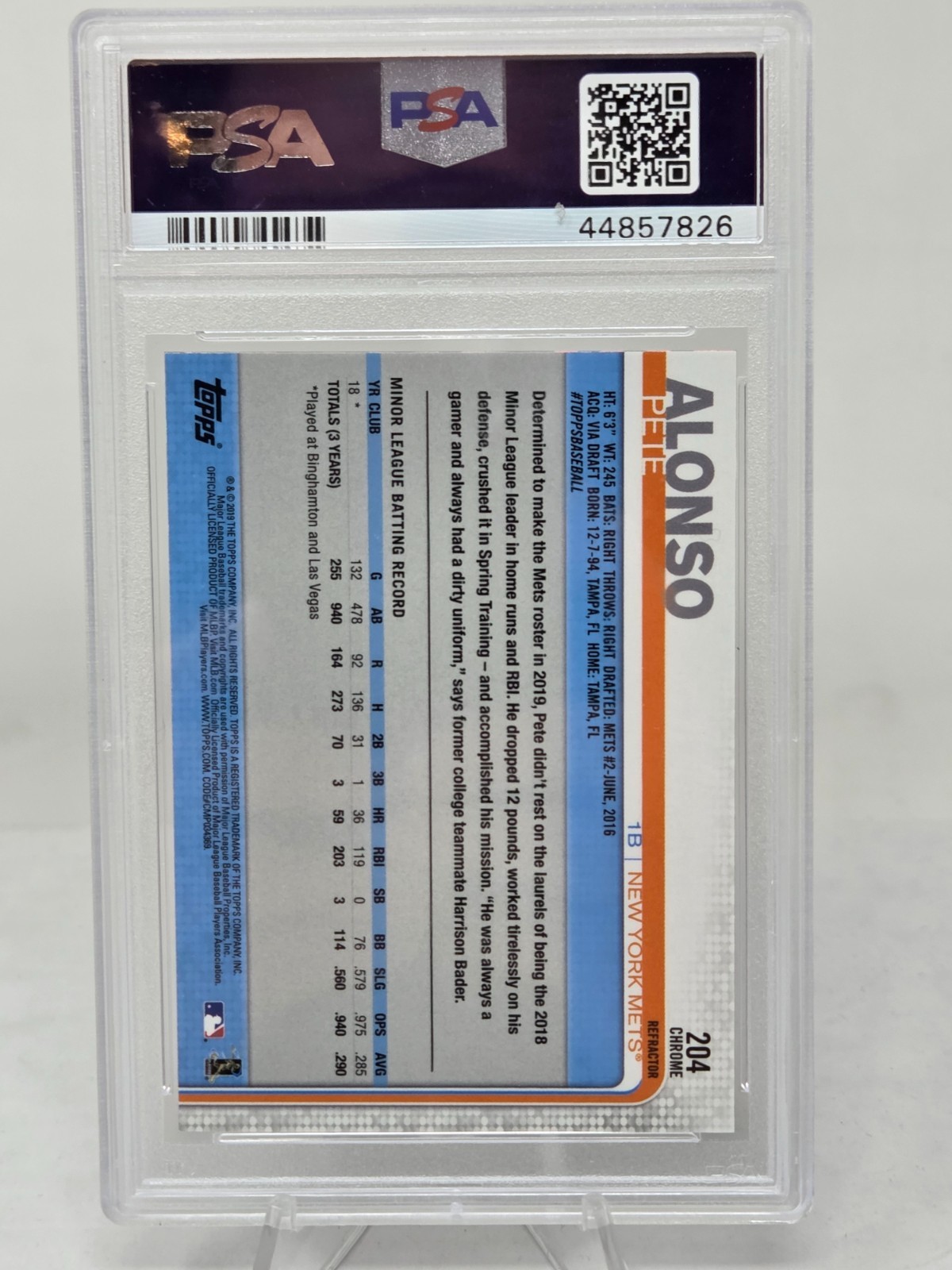 2019 Topps Chrome Xfractor Refractor PETE ALONSO RC CARD PSA 10 GEM MINT view 2