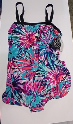 Azul By Maxine Of Hollywood Swimsuit Womens 18 Multicolor Tank One Piece Overlay