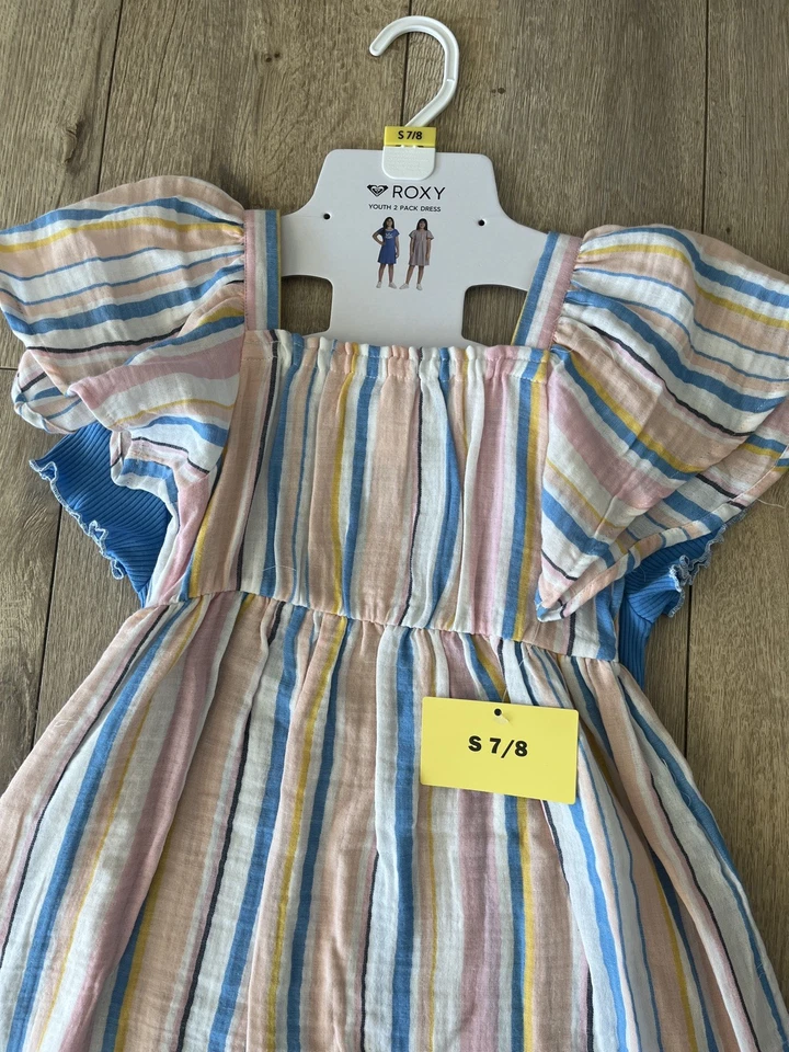 ROXY Brand Youth Girls Dress Set Size S 7/8 Pink Stripe & Blue Popover Tee - Image 3 of 4