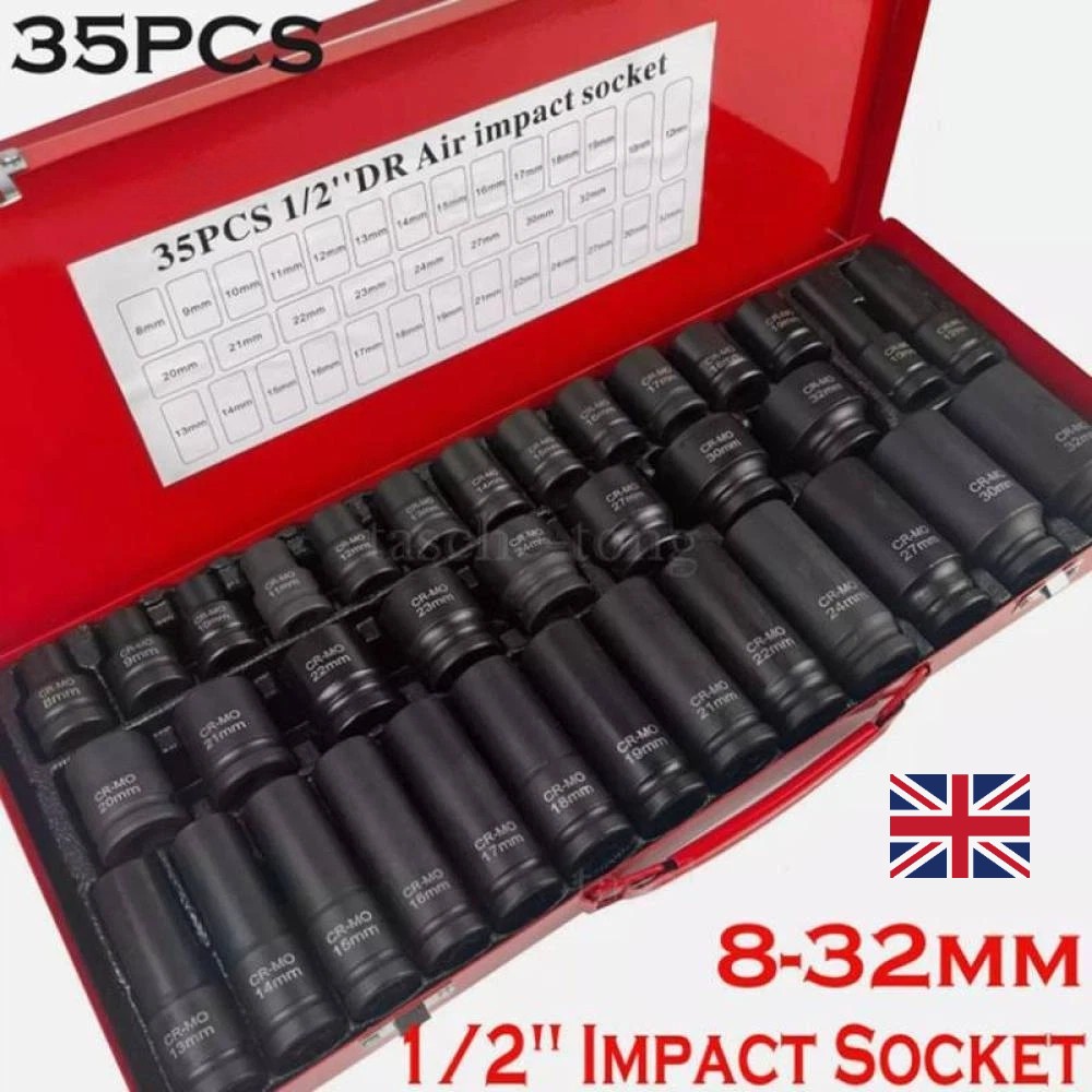 35 Piece Heavy Duty Car Truck Deep Impact Socket Set 1/2" Drive 8- 32mm Metric