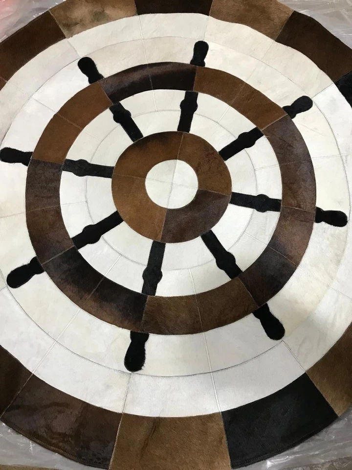 Round Cowhide Patchwork Rug – Nautical Ship Wheel Design | Handmade Leather Area - Image 2 of 4