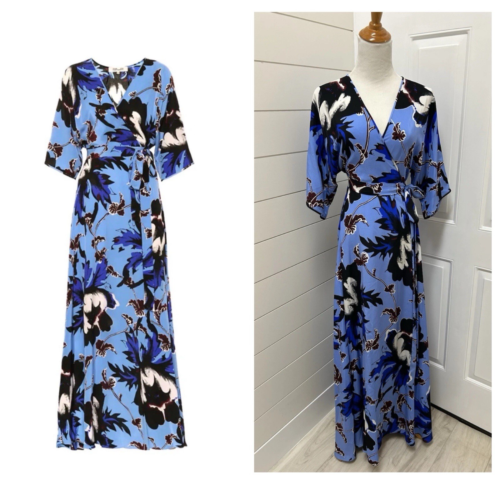 XS 2 DVF Diane von Furstenberg ELOISE Phoenix Floral Faux Wrap Maxi Silk Dress
