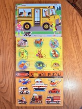 Melissa  Doug Wooden Sound Puzzle Lot of 3 Vehicles Animals School Bus Works