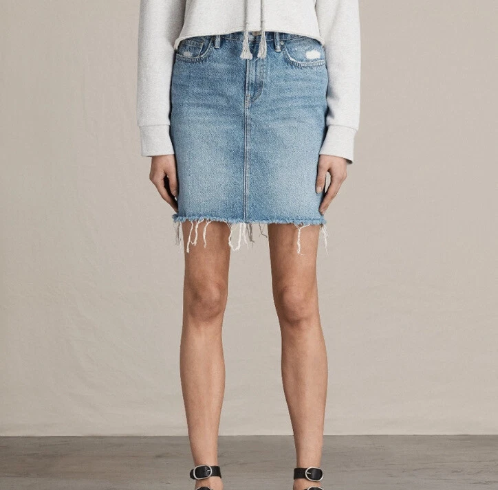 Allsaints Kim Denim Jean Skirt with Raw Frayed Hem Women s Size 4